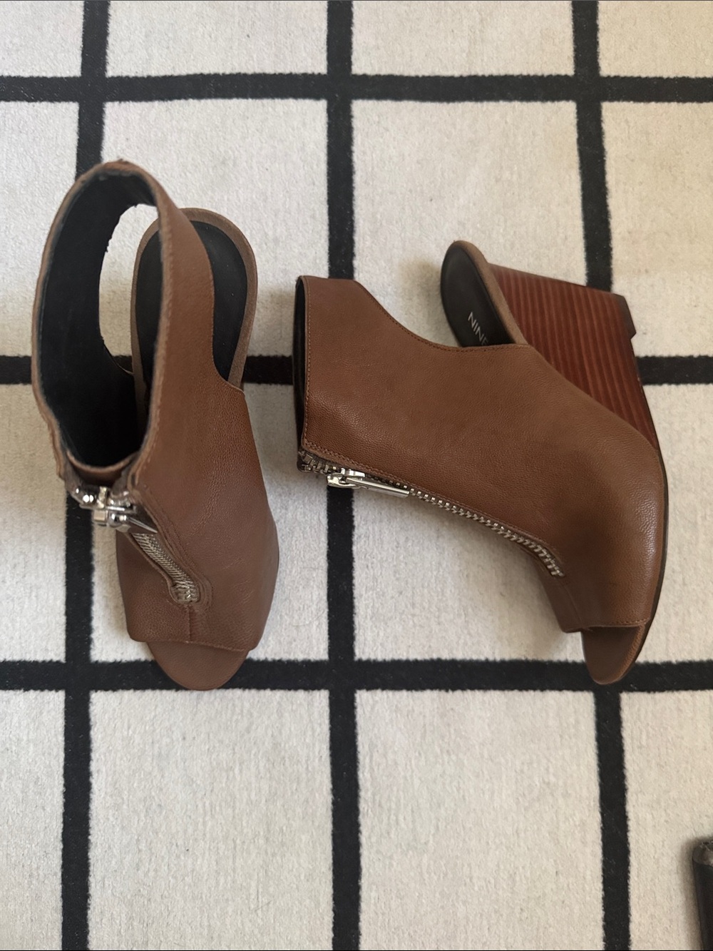 Nine West Brown Peep-Toe Wedge Mules with Zipper NWOB